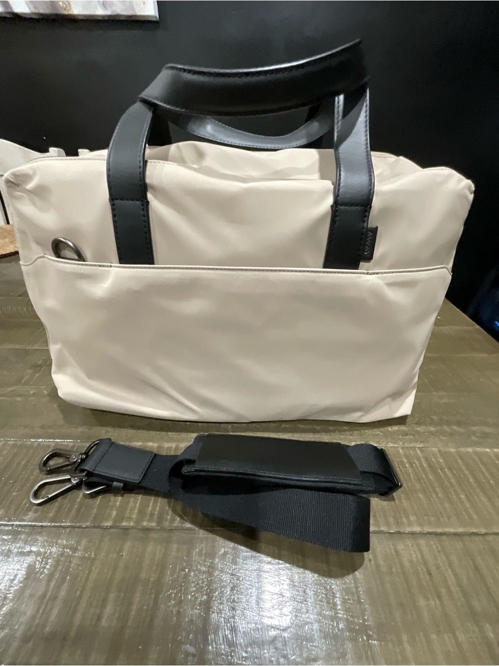 Away Cream Tote Bag with Black Handles and Detachable Strap